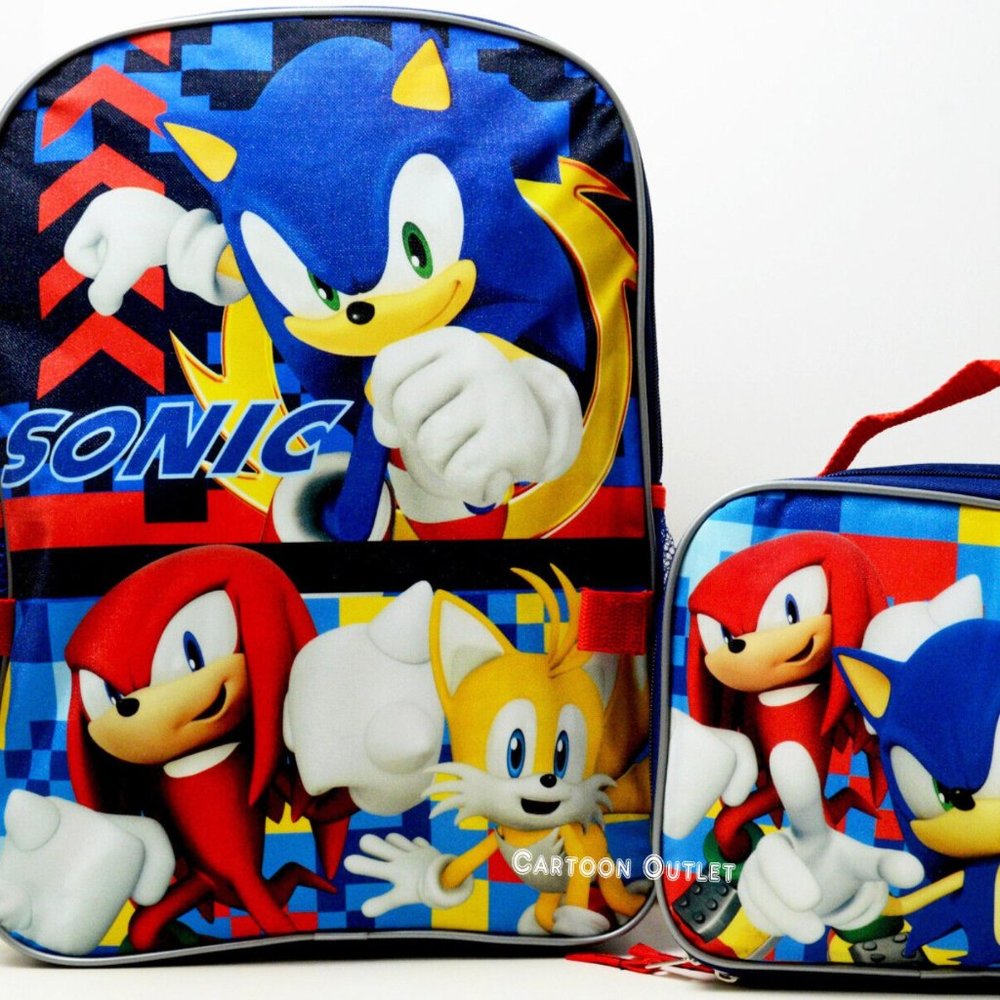 Sonic The Hedgehog Boys Large Backpack 16" School Book Bag Lunch Box Set New